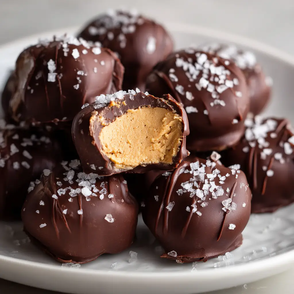 Peanut Butter Greek Yogurt Bites (Easy & Healthy Snack!) 1 A frozen peanut butter greek yogurt bite cut in half to show the creamy, thick peanut butter yogurt filling inside the hard dark chocolate shell.