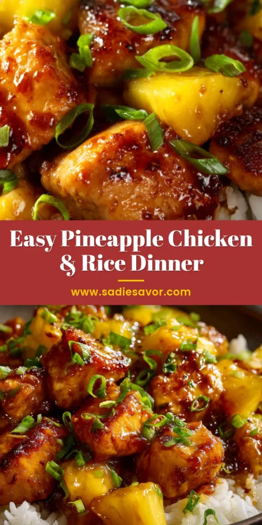 A colorful bowl of pineapple chicken and rice, garnished with fresh cilantro and sesame seeds. The perfect easy weeknight dinner idea.