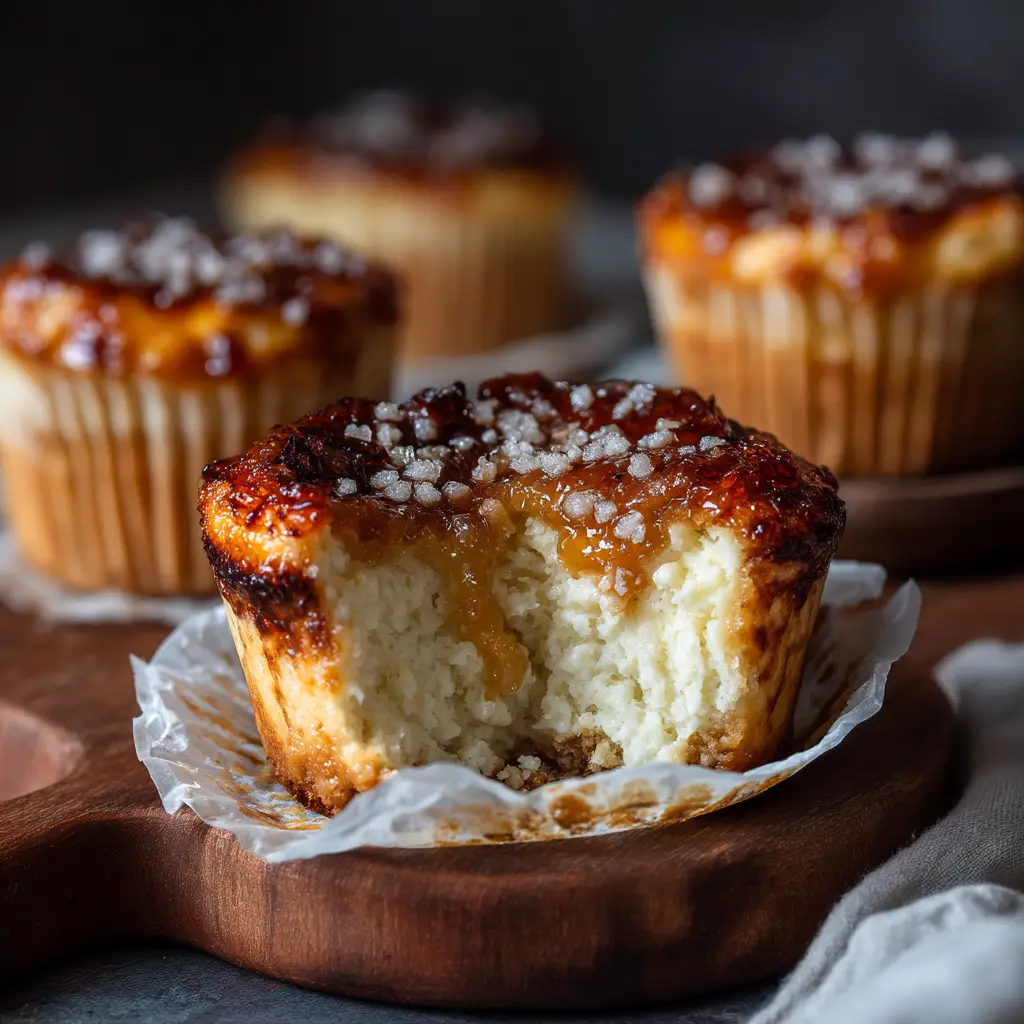 A step-by-step process shot showing granulated sugar being sprinkled on top of a chilled mini cheesecake before being torched to create the creme brulee topping.