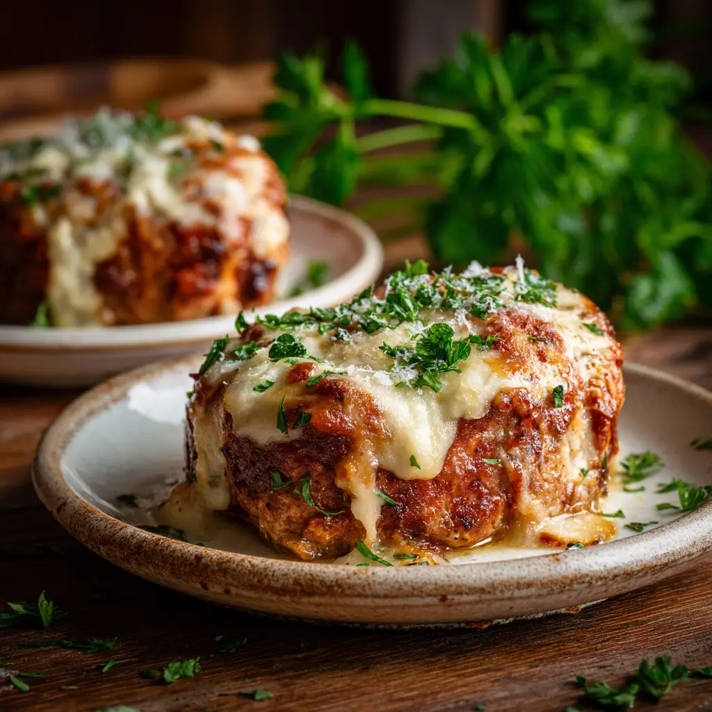 A step-by-step process shot showing the uncooked chicken meatloaves on a baking sheet before they go into the oven. Topped with panko and parmesan.