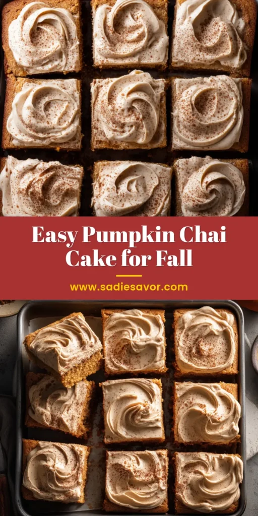 A slice of moist Pumpkin Chai Cake on a white plate, showcasing the thick layer of brown butter cream cheese frosting and a tender crumb.