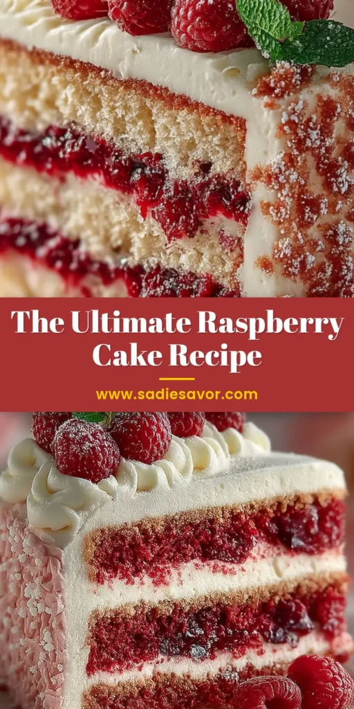 A beautiful layered raspberry cake recipe on a white cake stand, decorated with fresh raspberries. The perfect moist and easy homemade cake.