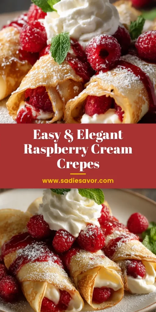 A close-up shot of three perfectly rolled raspberry cream crepes on a white plate, dusted with powdered sugar and garnished with fresh raspberries.