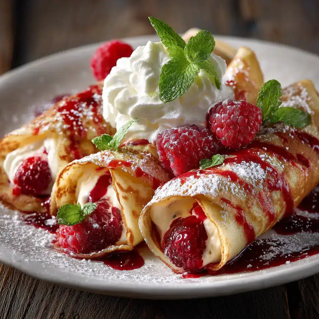 A beautiful overhead view of three rolled crepes with raspberry cream filling, elegantly arranged on a serving dish.