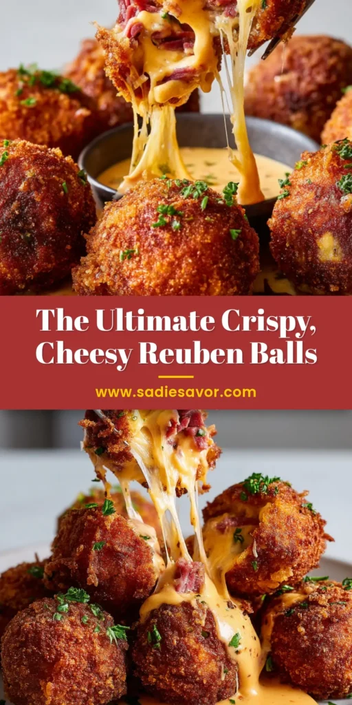 A shareable pin image for the ultimate Reuben Balls recipe, showing crispy fried balls on a platter with a side of dipping sauce.