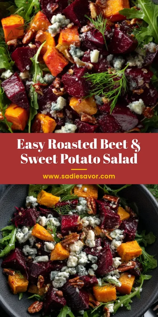 An overhead shot of a vibrant roasted beet salad with goat cheese and walnuts in a white bowl, ready to be shared on Pinterest.