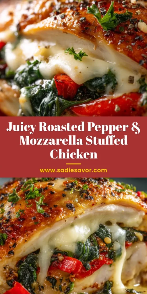 A perfectly cooked Roasted Red Pepper Stuffed Chicken breast, sliced open to show the creamy, cheesy filling with spinach and peppers, served on a white plate.