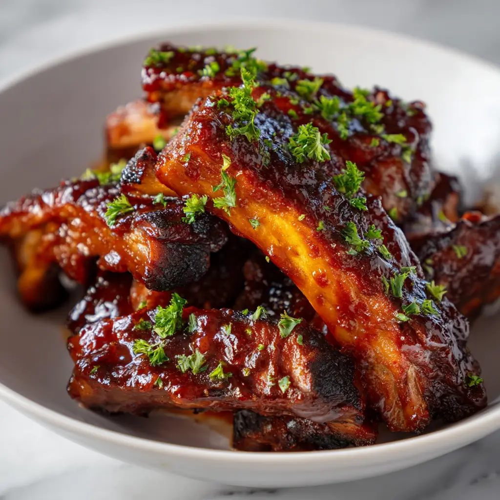 Oven-Baked BBQ Ribs (Fall-Off-The-Bone Easy!) 1 A slab of cooked oven ribs being basted with thick BBQ sauce before the final broiling step to get a caramelized finish.