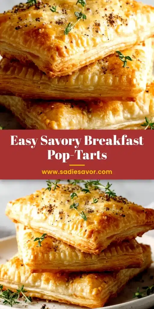 A close-up of three golden-brown Savory Breakfast Pop-Tarts on a plate, with one cut in half to show the bacon, egg, and cheese filling.