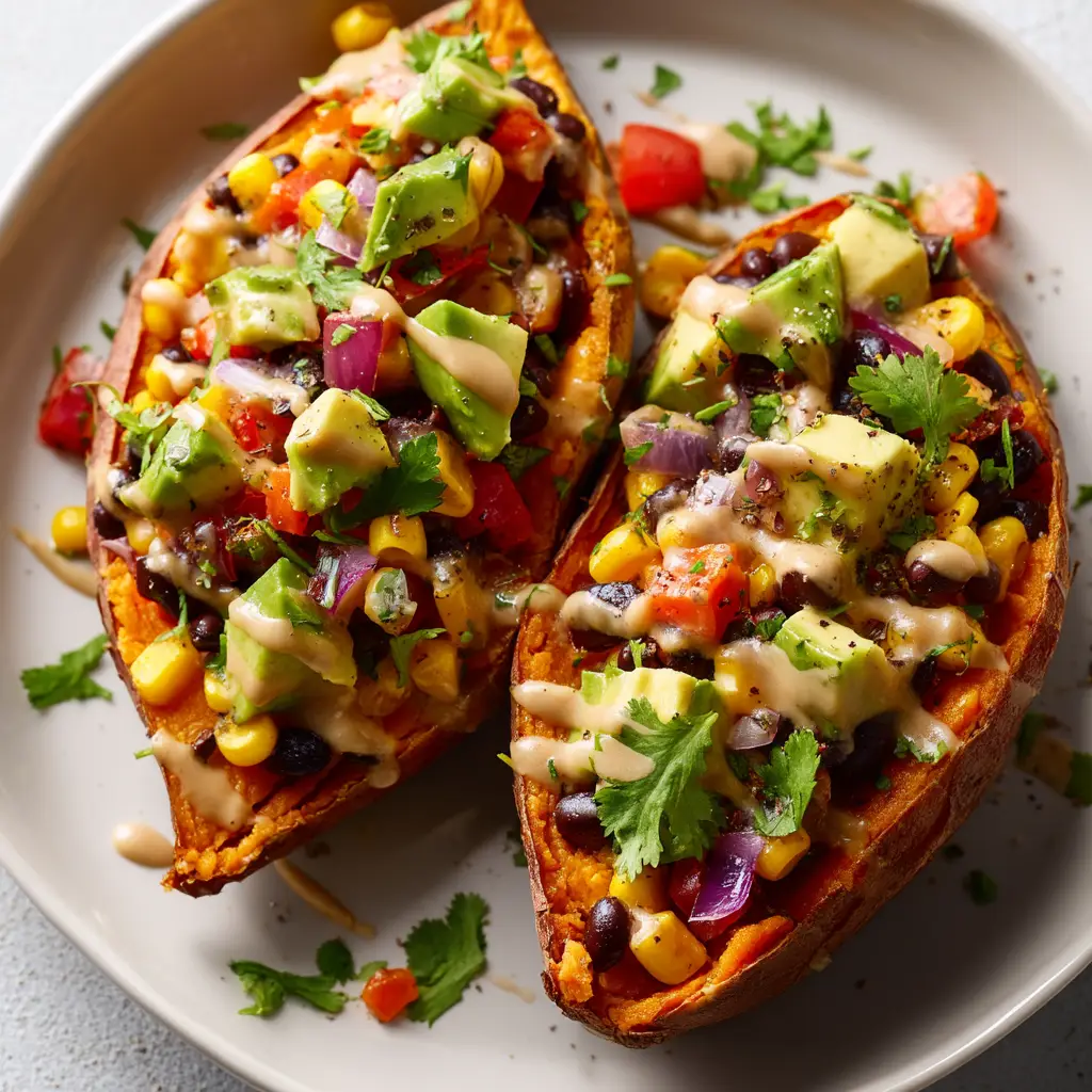 A close-up view of the savory filling for the stuffed sweet potatoes, highlighting the texture of black beans, corn, and fresh cilantro.