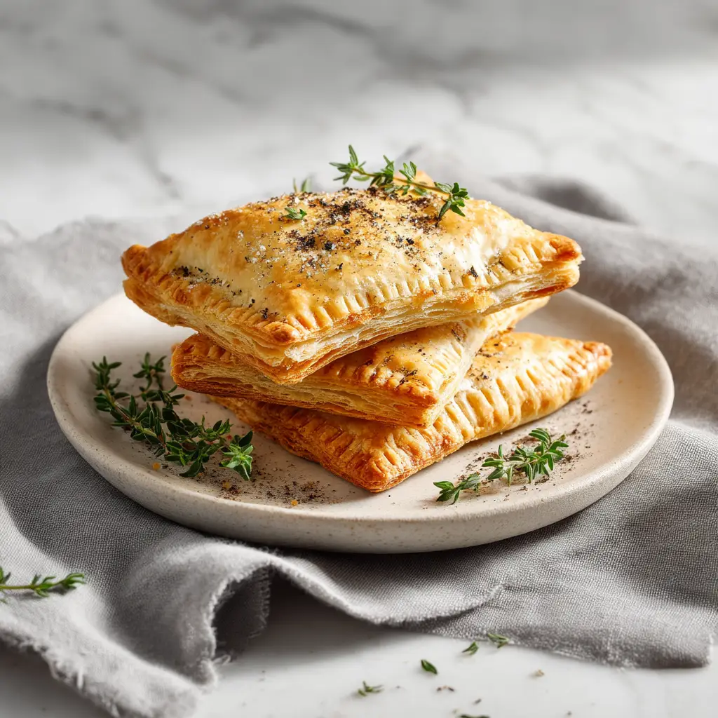 A savory toaster pastry cut open to reveal the melted cheese and egg filling inside, with two more pastries in the background.