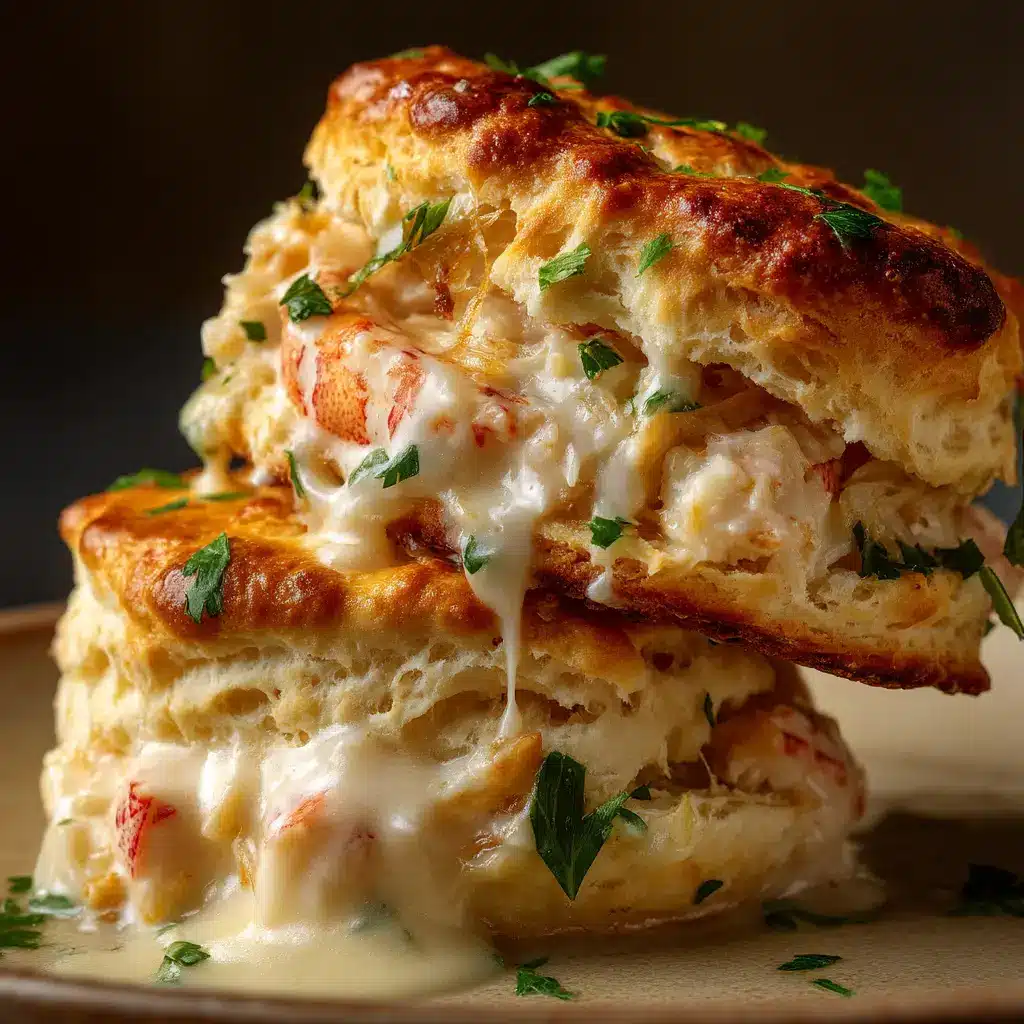 A side view of golden-baked seafood melts, showing the thick layer of shrimp and crab filling on top of a fluffy biscuit.