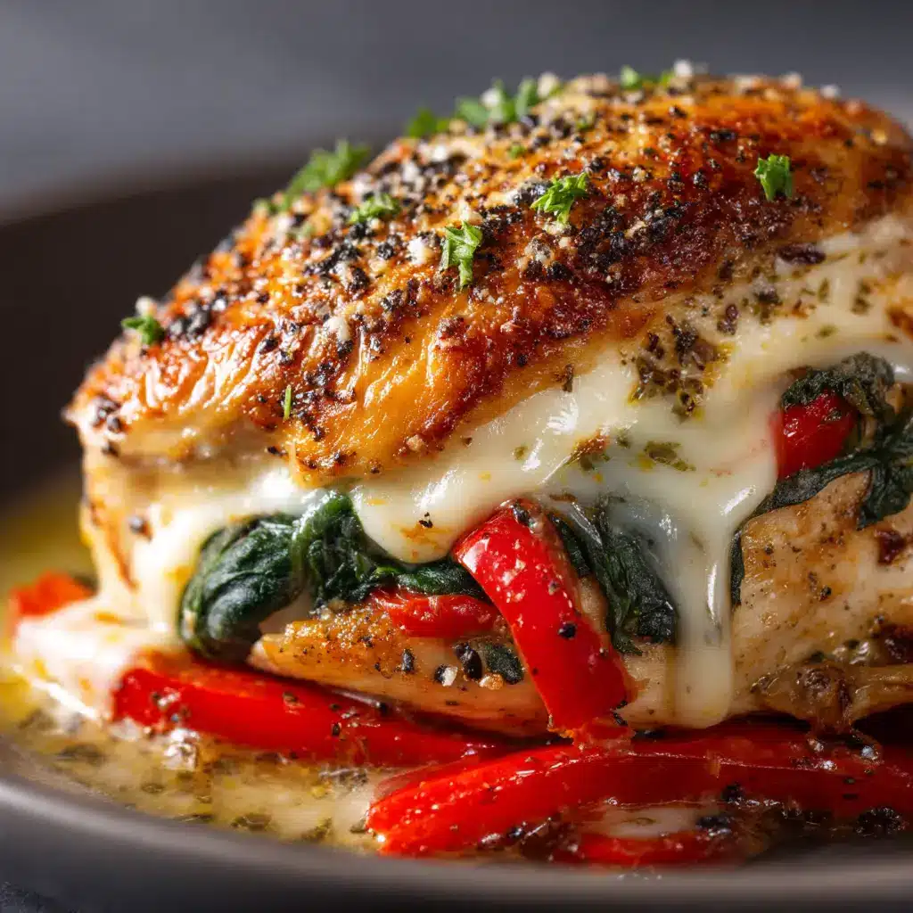 Two golden-brown seared stuffed chicken breasts in a cast-iron skillet, ready to go into the oven. The filling is peeking out slightly.