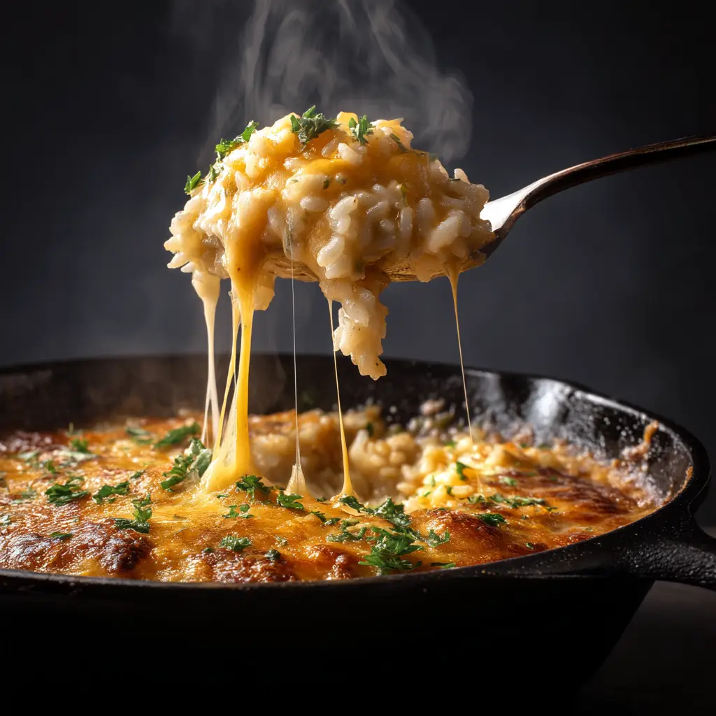 French Onion Soup Rice: The Ultimate Cheesy Comfort Dish 1 A serving of French Onion Soup Rice on a plate, emphasizing the rich colors and textures of the one-pan comfort food dinner.