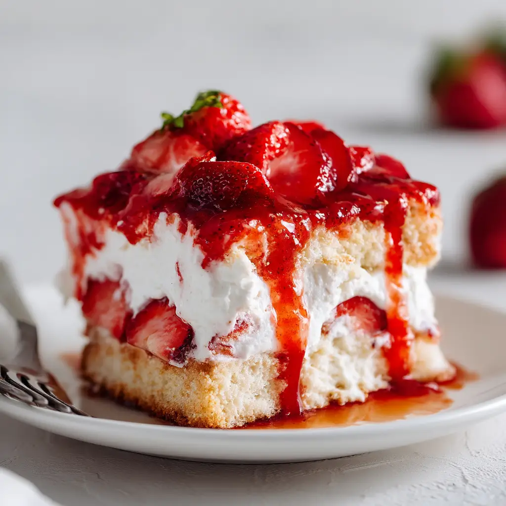 A spatula lifting a perfect square slice of Heaven on Earth Cake from the baking dish.