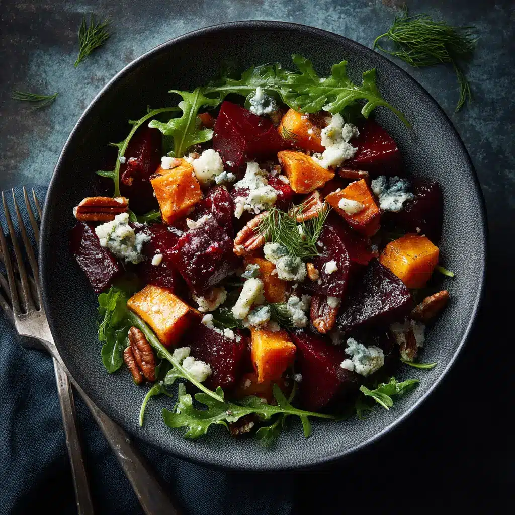A beautiful serving of balsamic beet salad on a plate, showing the texture of the walnuts and creamy goat cheese against the dark red beets.