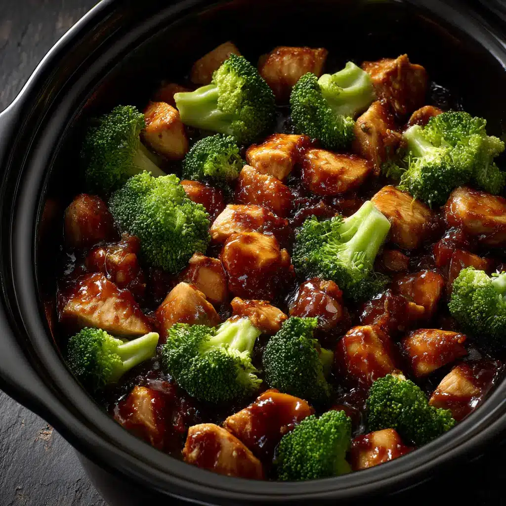 Shredded Crockpot Teriyaki Chicken in a slow cooker, being stirred with a spoon to show the thick, glossy homemade teriyaki sauce.