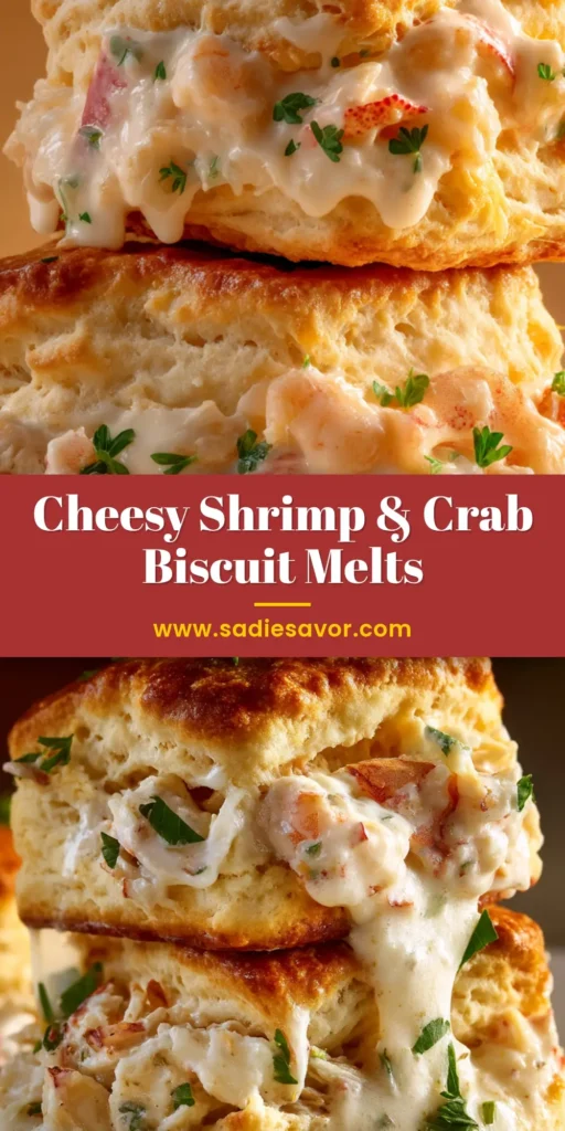 A delicious stack of Shrimp Crab Biscuit Melts on a plate, with melted cheddar cheese and visible pieces of shrimp and crab. A perfect appetizer or main course.