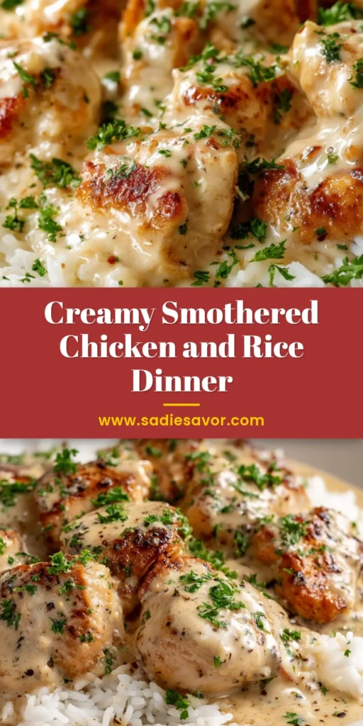A delicious plate of Smothered Chicken and Rice, with tender chicken in a creamy gravy served over fluffy white rice, garnished with parsley.