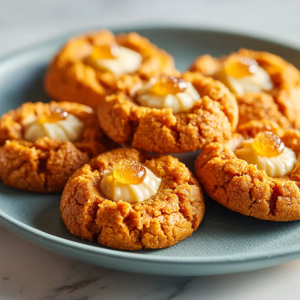 Pumpkin Cheesecake Cookies: The Perfect Soft and Chewy Fall Treat 2 A batch of pumpkin cheesecake thumbprint cookies cooling on a wire rack, showcasing their golden-brown edges and perfectly set filling.