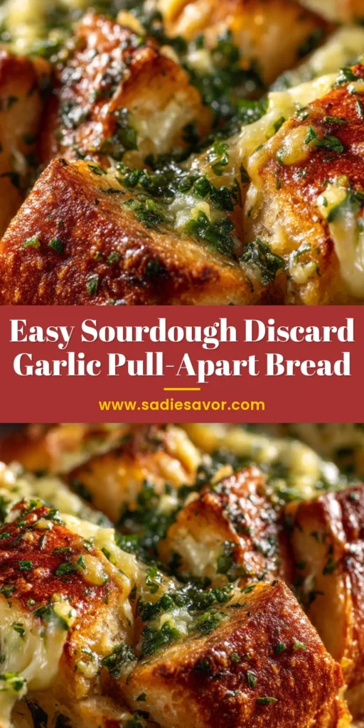 A golden-brown loaf of Sourdough Discard Garlic Pull Apart Bread being pulled apart to show the cheesy, garlicky layers inside.