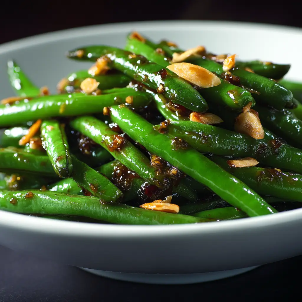 A side view of a serving of spicy garlic green beans in a bowl, ready to be eaten. Highlights the savory sauce coating each bean.
