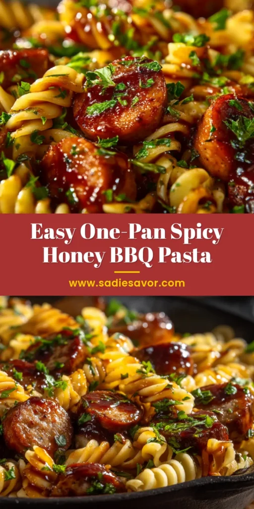 A top-down view of Spicy Honey BBQ Sausage Pasta in a white bowl, garnished with parsley. The perfect quick weeknight dinner.