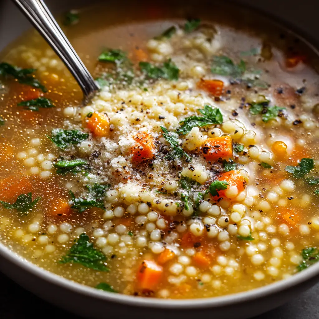 Pastina Soup: The Ultimate Comfort in a Bowl 2 An extreme close-up of a steaming bowl of Italian Pastina Soup, showcasing the tiny pasta stars in a rich broth.