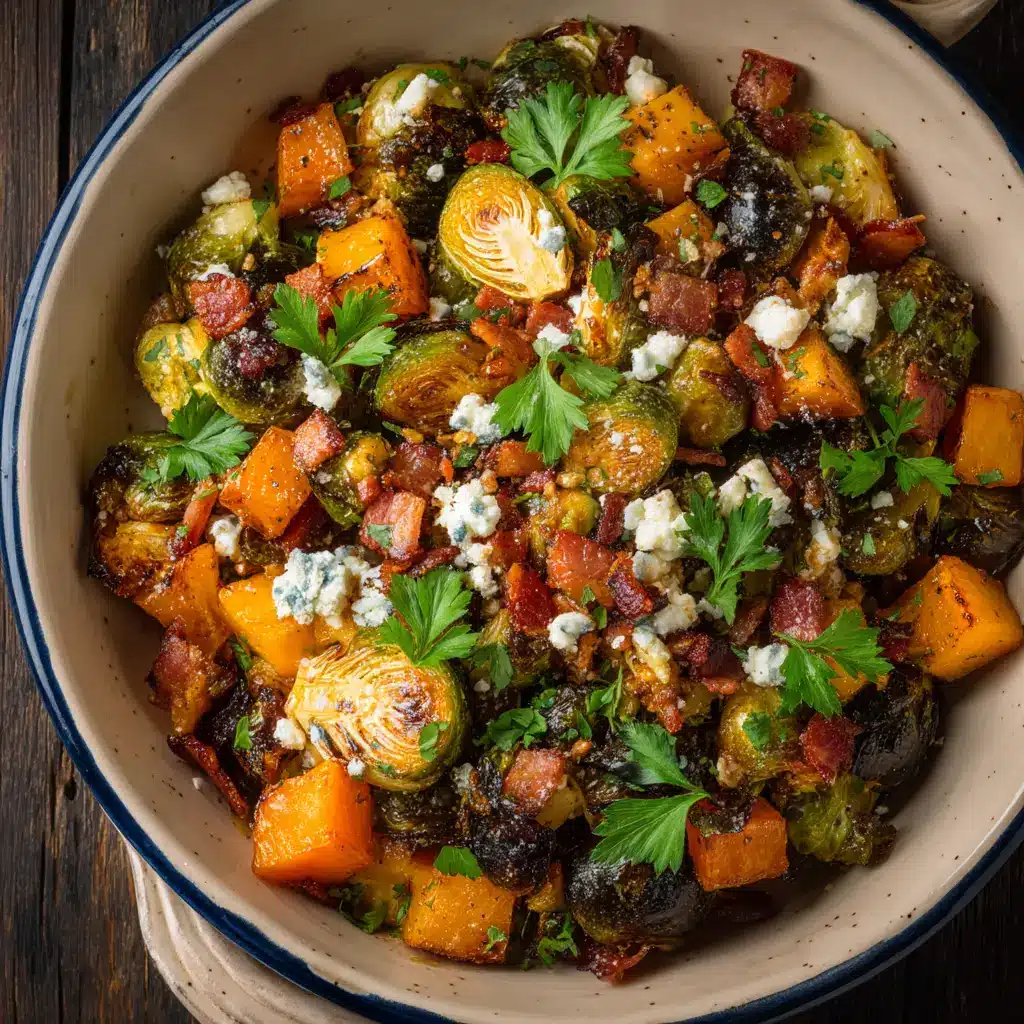 A close-up side view of the sweet and salty brussels sprouts in a rustic serving dish.