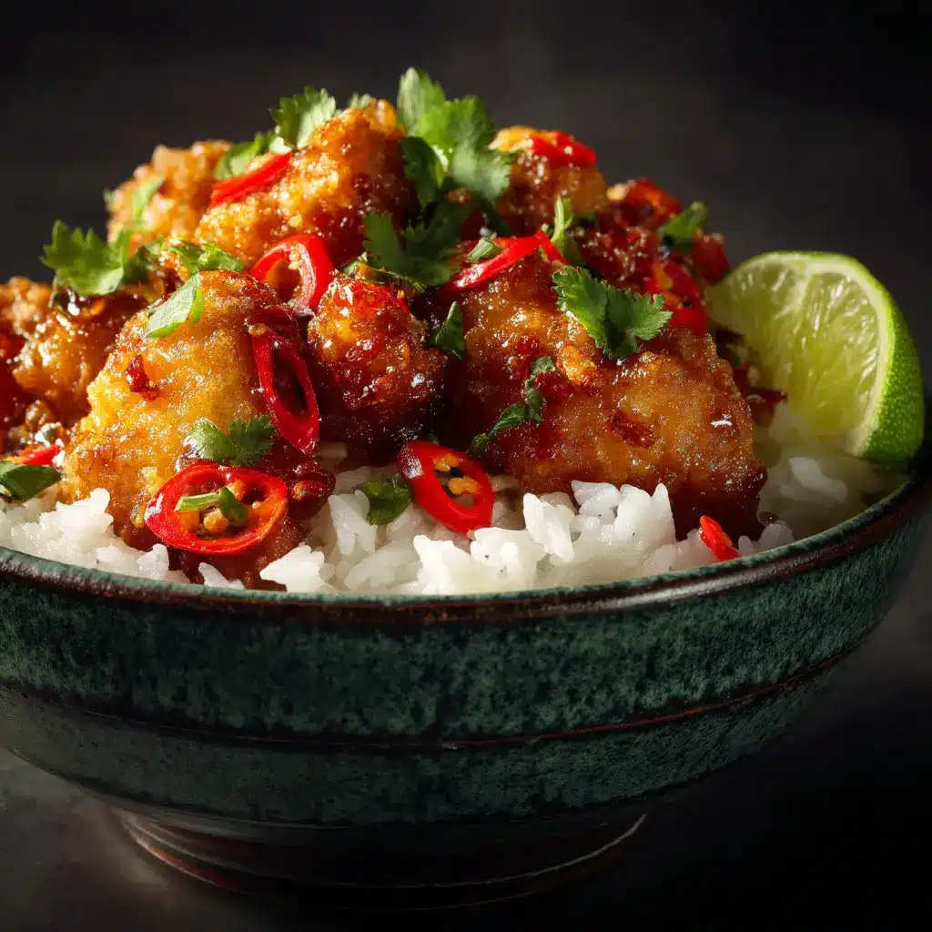 Sweet And Spicy Thai Chicken (The Ultimate Easy Recipe) 1 A piece of sweet and spicy Thai chicken on a fork, showing the tender chicken and sticky sauce.