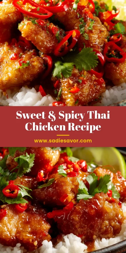 Sweet And Spicy Thai Chicken (The Ultimate Easy Recipe) 4 An overhead shot of Sweet And Spicy Thai Chicken in a white bowl, garnished with sesame seeds and green onions, ready to be pinned.