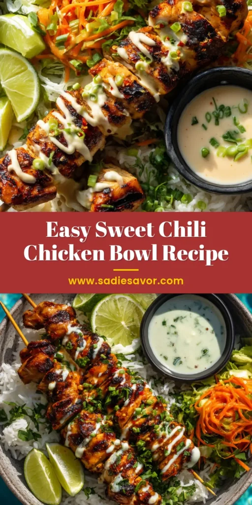 An overhead shot of a delicious sweet chili chicken bowl, featuring glossy chicken, fresh broccoli, and carrots over rice.