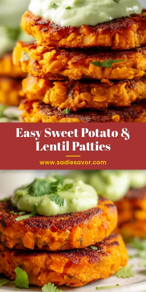 A stack of freshly cooked sweet potato lentil patties on a plate, garnished with fresh parsley and a side of dipping sauce. The patties are golden-brown and crispy.