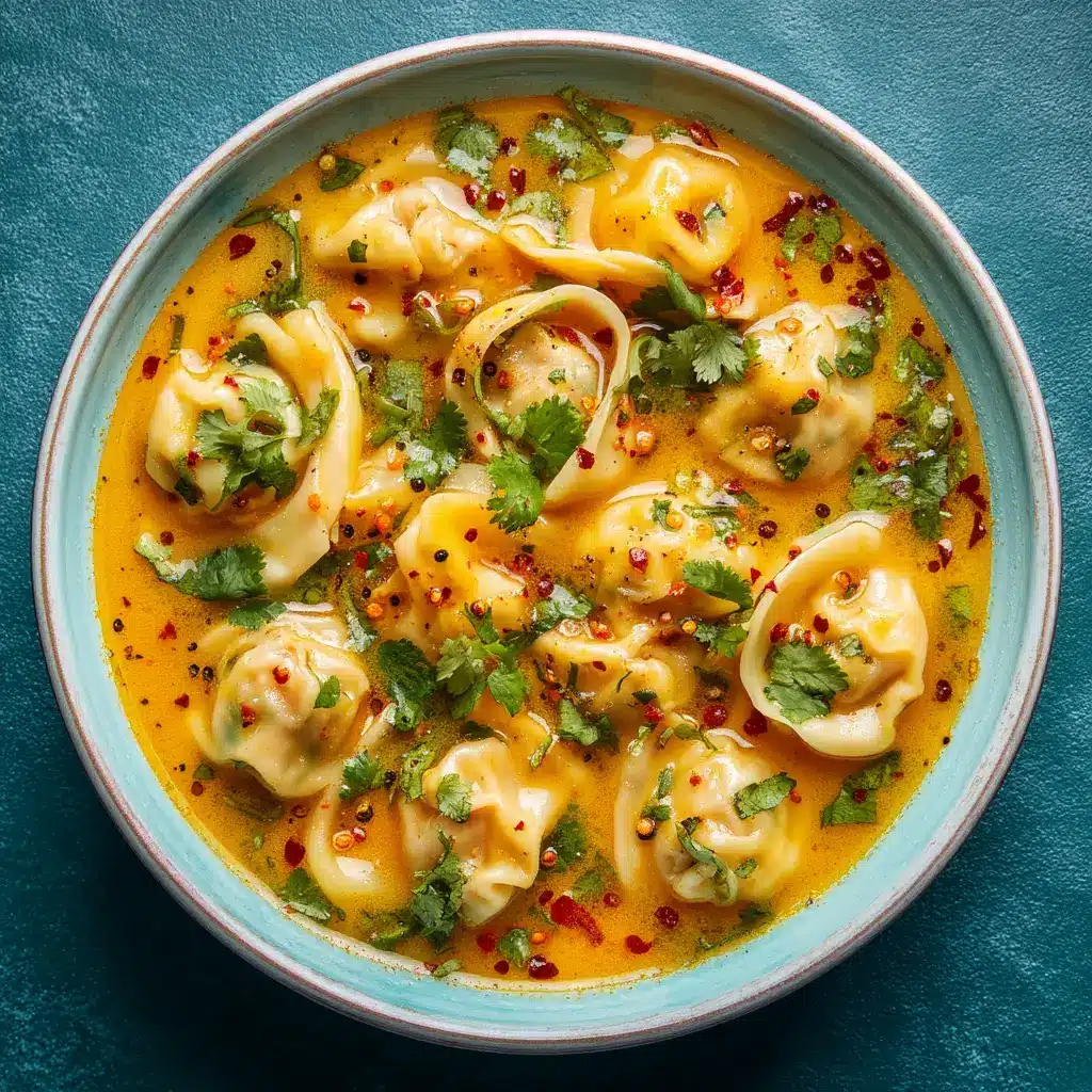 A bowl of finished Thai dumpling soup garnished with cilantro, lime wedges, and sliced red chili, ready to be served.