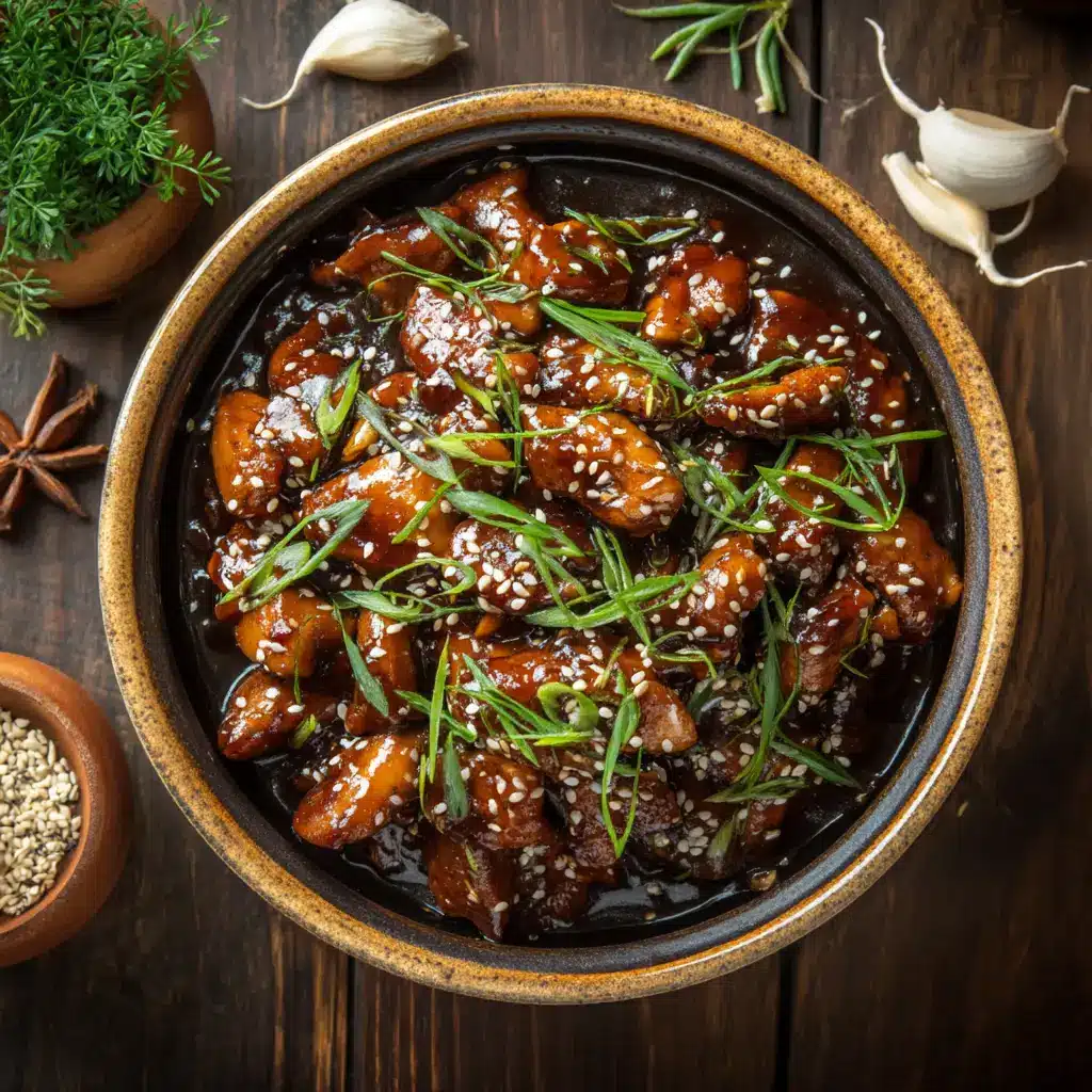 A close-up action shot of thick, glossy homemade teriyaki sauce being drizzled from a spoon into a small bowl.
