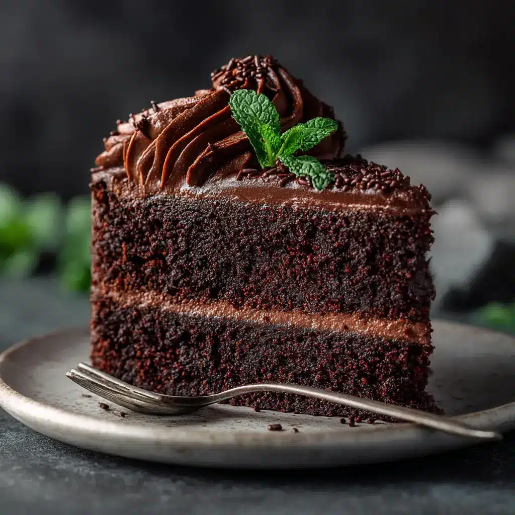 A full view of the entire Midnight Fudge Cake before being sliced, showing its glossy chocolate fudge frosting and impressive height. A perfect example of a homemade dark chocolate cake.
