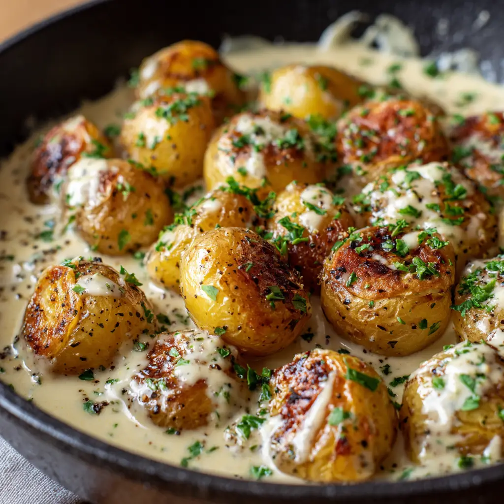 Thick glossy garlic butter cream sauce clinging to golden potato skins, topped with finely chopped parsley and cracked pepper.