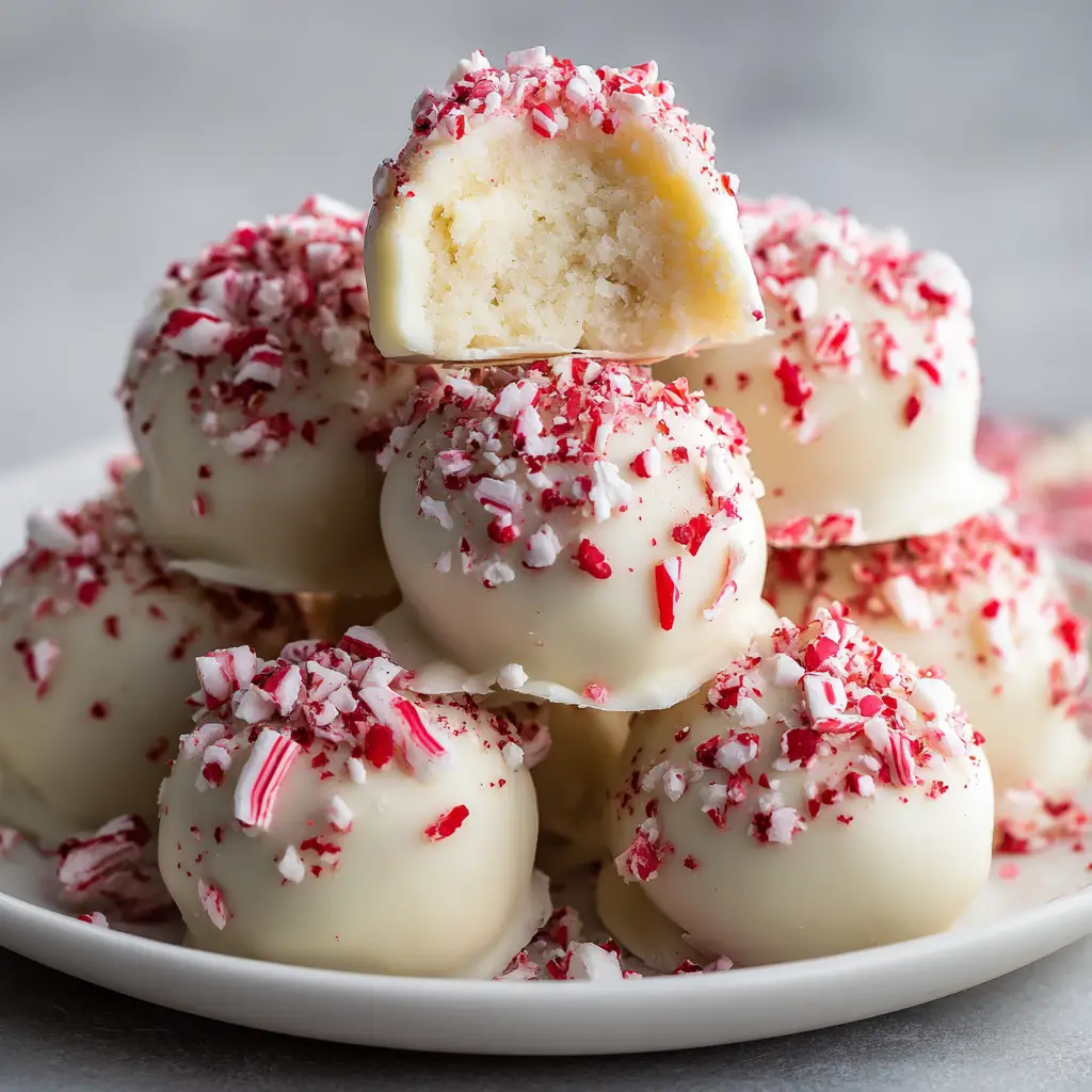 A close-up of finished No-Bake Soft Peppermint Balls, highlighting the smooth white chocolate candy melt shell and crushed candy cane topping.