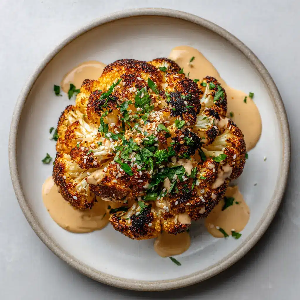 A mound of roasted Moroccan Cauliflower being drizzled with a thick, glossy, pale beige tahini-honey sauce, garnished with fresh parsley.