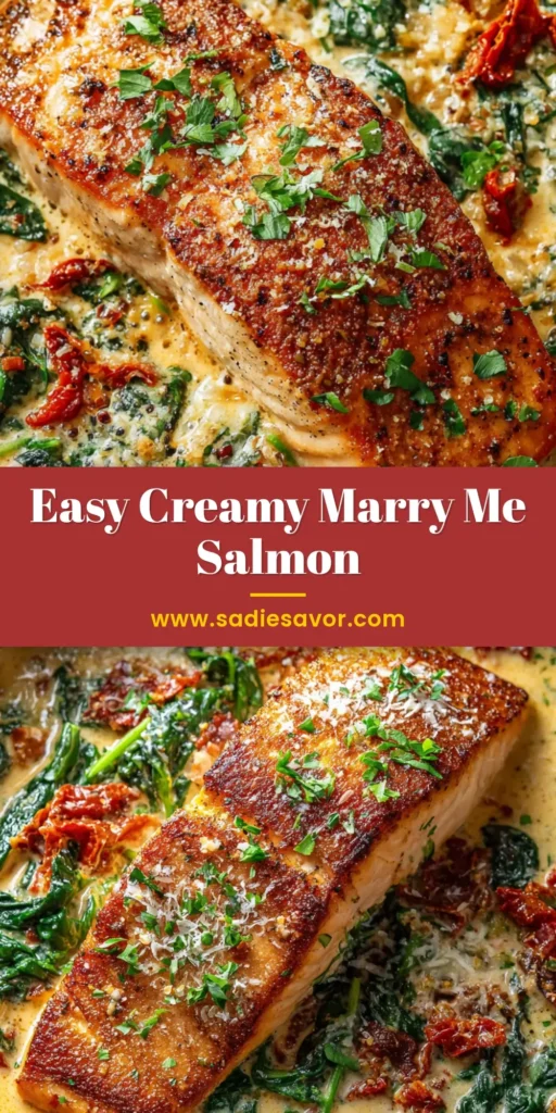 An overhead shot of a skillet with Marry Me Salmon, featuring a crispy salmon fillet in a creamy sun-dried tomato and spinach sauce.