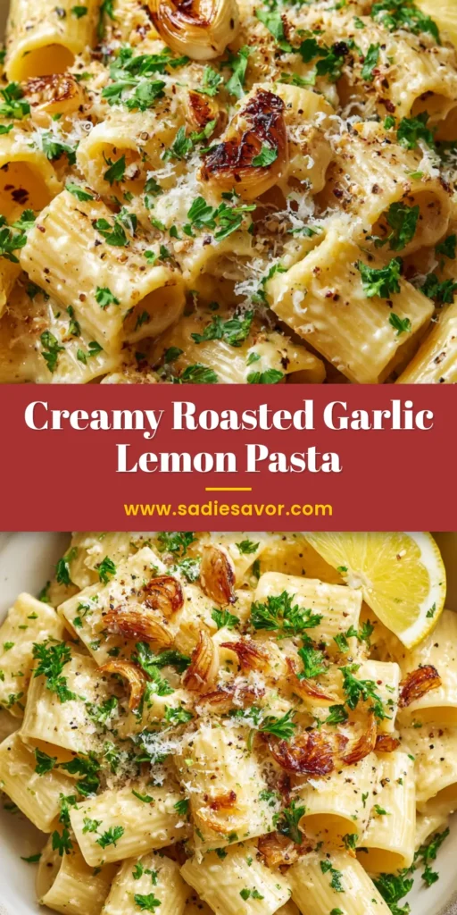 A close up overhead shot of a rustic bowl filled with creamy roasted garlic lemon pasta sauce coating rigatoni, garnished with parsley and parmesan.
