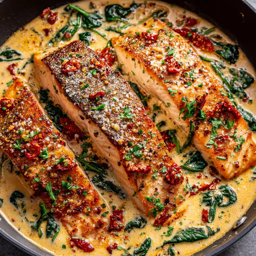 A detailed shot of the creamy sun-dried tomato and spinach sauce clinging to the Marry Me Salmon.