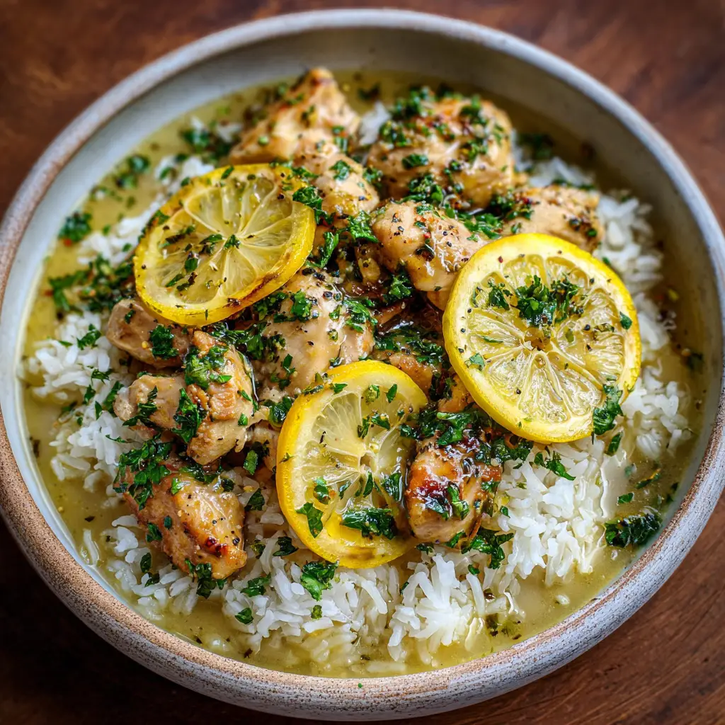 Slow Cooker Lemon Herb Chicken Over Broth-Soaked Rice 2 Close up of tender slow-braised chicken breast chunks coated in a light glossy lemon herb glaze over broth-soaked rice.