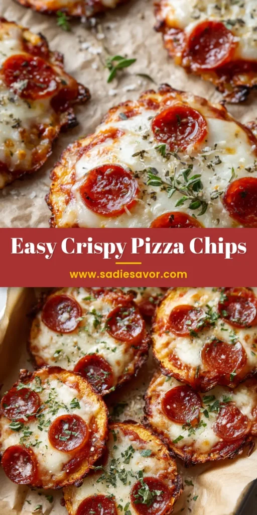 A close up shot of several Crispy Pizza Chips on parchment paper, showing the bubbly, browned mozzarella and crisped pepperoni.