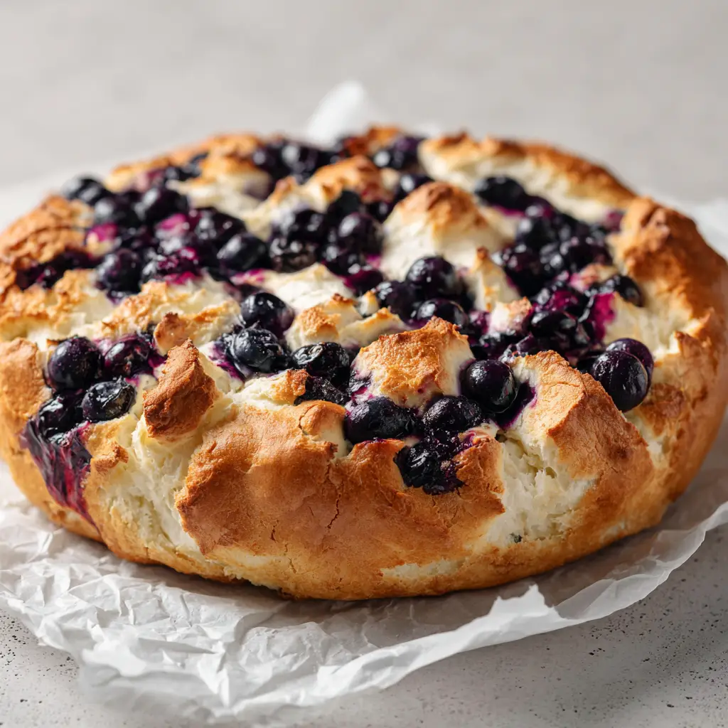 A close-up view of the golden-brown, cracked, and airy crust of the blueberry cottage cheese cloud bread, showing its souffled texture.