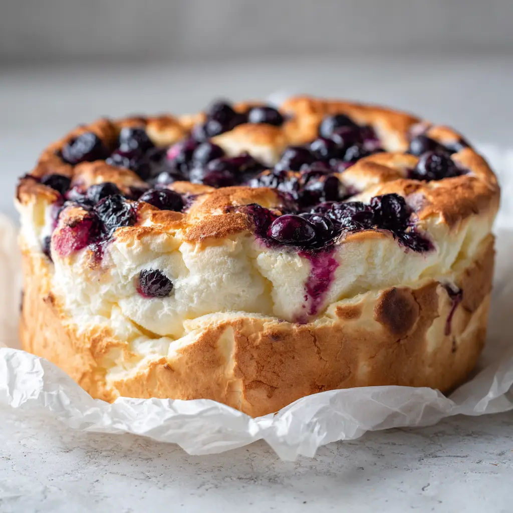 Blueberry Cottage Cheese Cloud Bread: The Viral High-Protein Recipe 1 A slice of blueberry cottage cheese cloud bread being lifted, showcasing the light and fluffy interior dotted with cooked blueberries.
