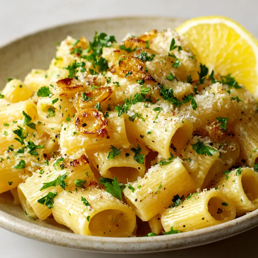 A detailed shot of the creamy roasted garlic lemon pasta sauce, highlighting the specks of black pepper and fresh parsley.