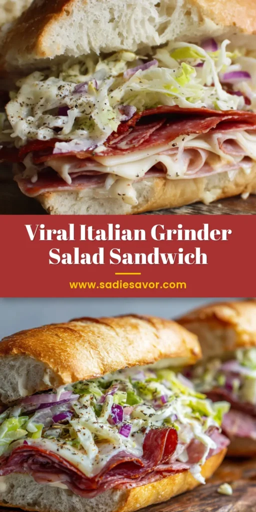 Italian Grinder Salad Sandwich (The Viral TikTok Recipe) 4 A close-up of a halved Italian grinder salad sandwich on a wooden board. The crusty hoagie is filled with folded salami, pepperoni, turkey, melted provolone, and a thick, creamy grinder salad.