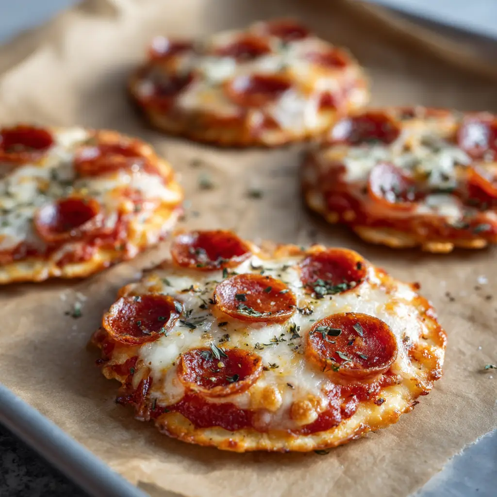 A side angle view of Crispy Pizza Chips on a baking sheet, highlighting the crispy texture and browned cheese edges.