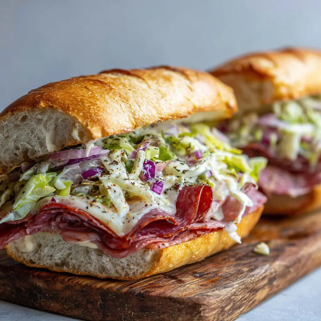 Italian Grinder Salad Sandwich (The Viral TikTok Recipe) 2 An overhead shot of an Italian grinder salad sandwich cut in half, showcasing the messy, creamy salad piled high on top of melted provolone cheese and folded deli meats.